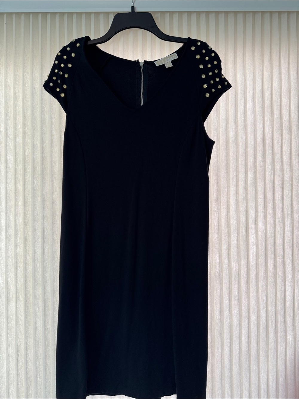 Michael Kors Black Cap-Sleeve Shift Dress with Gold Studs